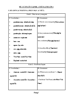 Đề cương ôn tập học kì 1 môn Tiếng Anh Lớp 4